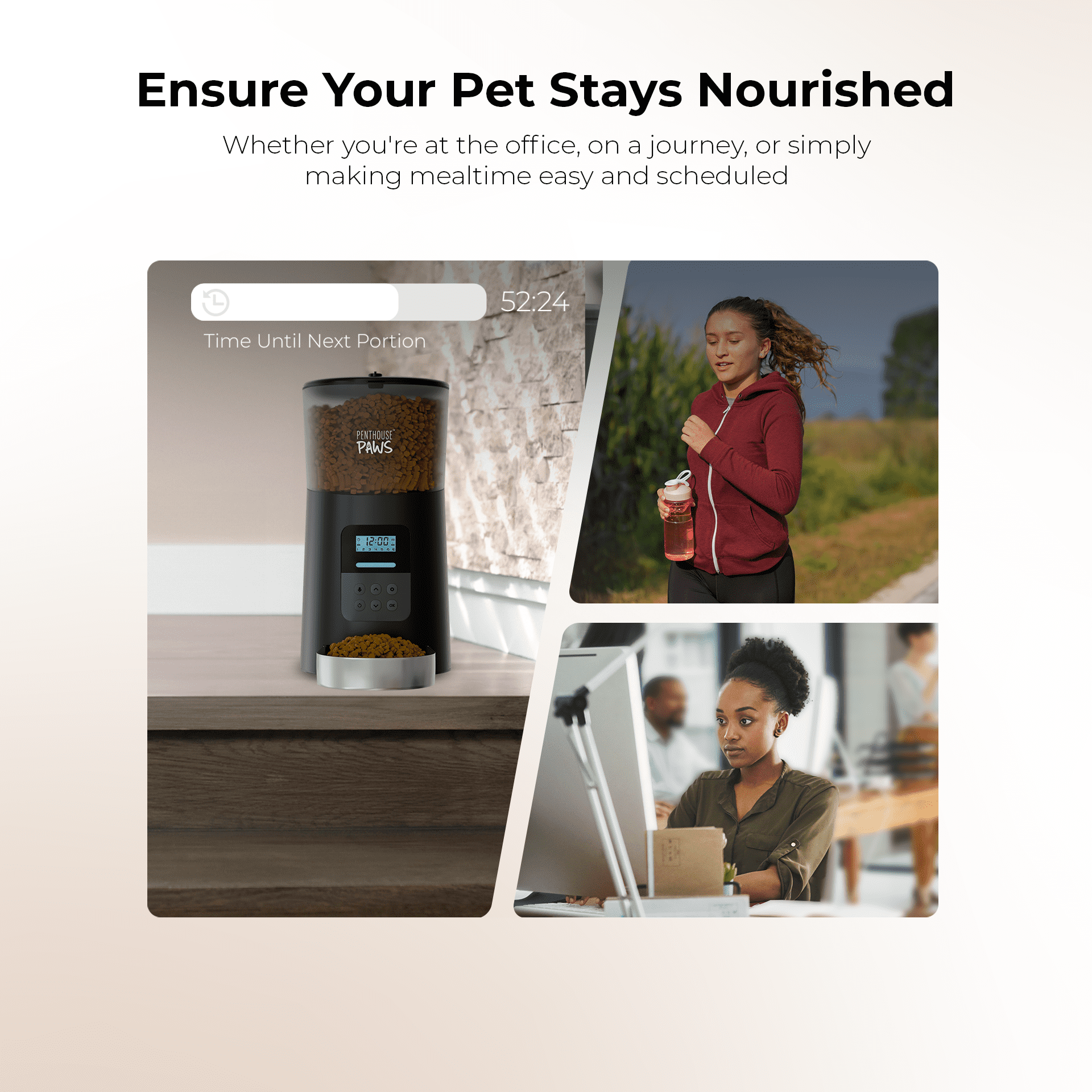 Penthouse Paws Automatic Cat Feeder with LCD, Twist-Lock Storage, Anti-Jam, Voice Meal Call, Battery Backup, Stainless Steel Bowl, Up to 15 Daily Meals, Single Tray 6L for Cat & Dog, Black/ Stainless