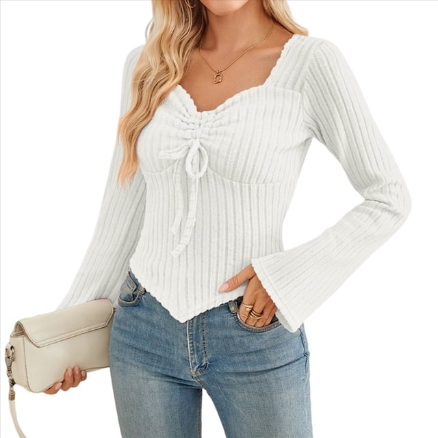 Camisa de Larga con Estampado Estético Y2K para Mujer, Estilo Moderno, con Cordón Fruncido, Corte Entallado, Ropa Y2K. M