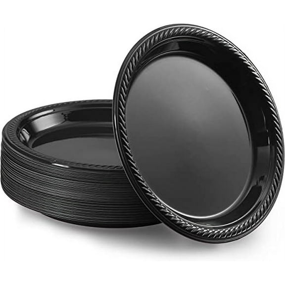 VeZee's Cuisine 9 Inches Disposable Black Plastic plates Good to use in Microwave, Best for home Parties, Restaurant, & Deli: 100 Count