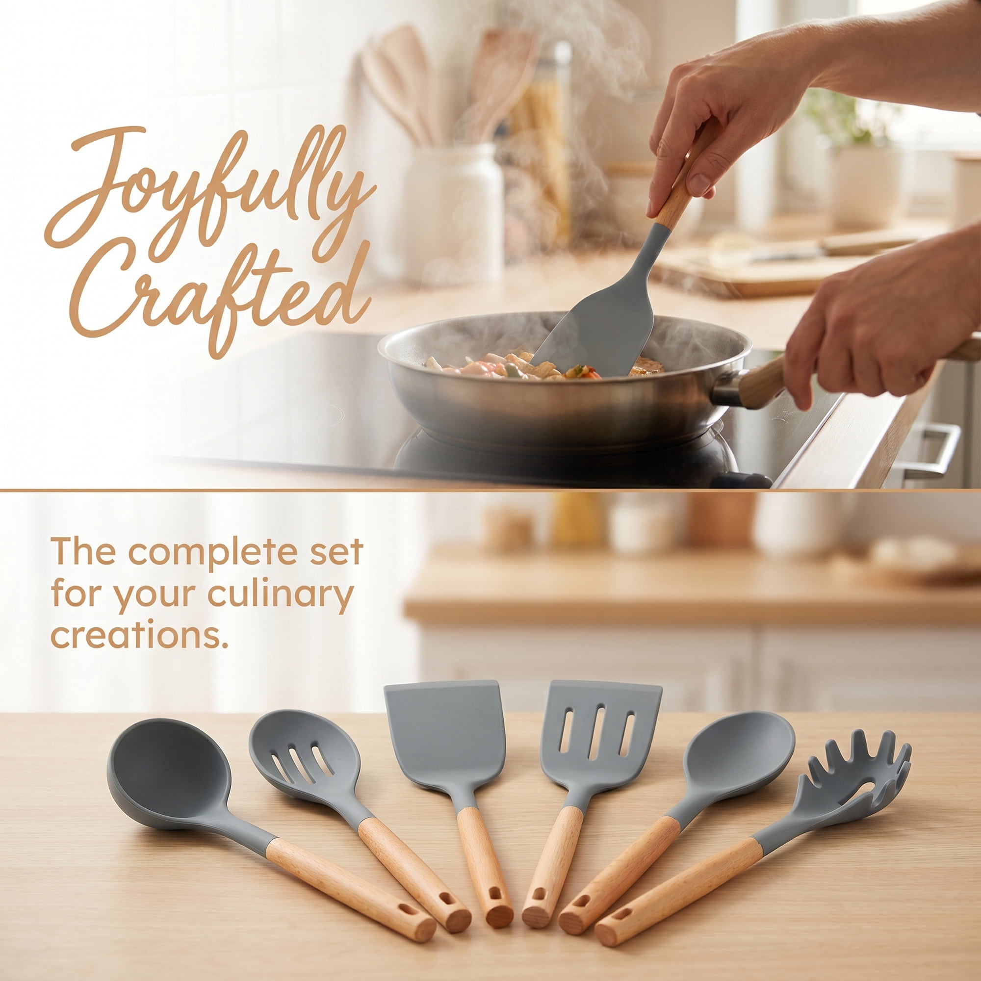 Unique Bargains 6 Pcs Durable Silicone Kitchen Utensil Set with Wooden Handle Gray