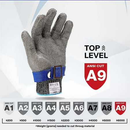 Grade A9 Cut-proof Gloves Food Grade Stainless Steel Mesh Metal Glove Knife Cutting Glove for Butcher Meat Cutting Oysters Shucking Kitchen Mandoline Chef Slicing Fish Fillet (L 1PC)
