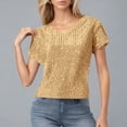 thumbnail image 5 of Laqbezok Women's V Neck Sequin Short Sleeve T-Shirt, Sparkly Linear Shimmer Blouse, Casual Party Fashion Outfit, 5 of 9