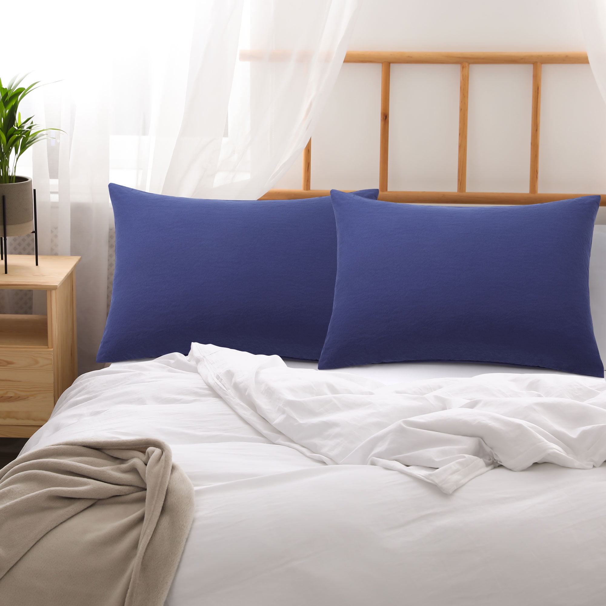 Unique Bargains 2Pcs Envelope Closure Washed Microfiber Pillowcases King Navy Blue