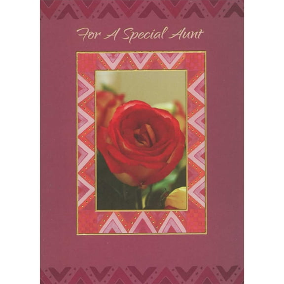 Designer Greetings Single Red Rose Photo Inside Dual Gold Foil Bordered Frame with Zig Zag Pattern African American Valentine's Day Card for Aunt