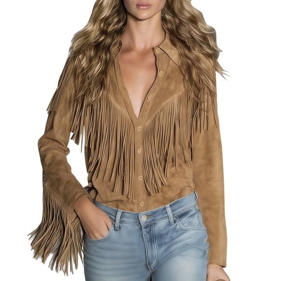 ManxiVoo Women's Western Style Tassel Casual Shirt for a Boho Chic Look and Street Style Fashion XL Size Brown