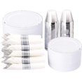 thumbnail image 1 of I00000 350Pcs Silver Plastic Plates - Disposable Silverware, Include: 50 Dinner Plates 10.25”, 50 Dessert Plates 7.5”, 50 Silver Rim Cups 9 OZ, 50 Pre Rolled Napkins with Silver Silverware, 1 of 8
