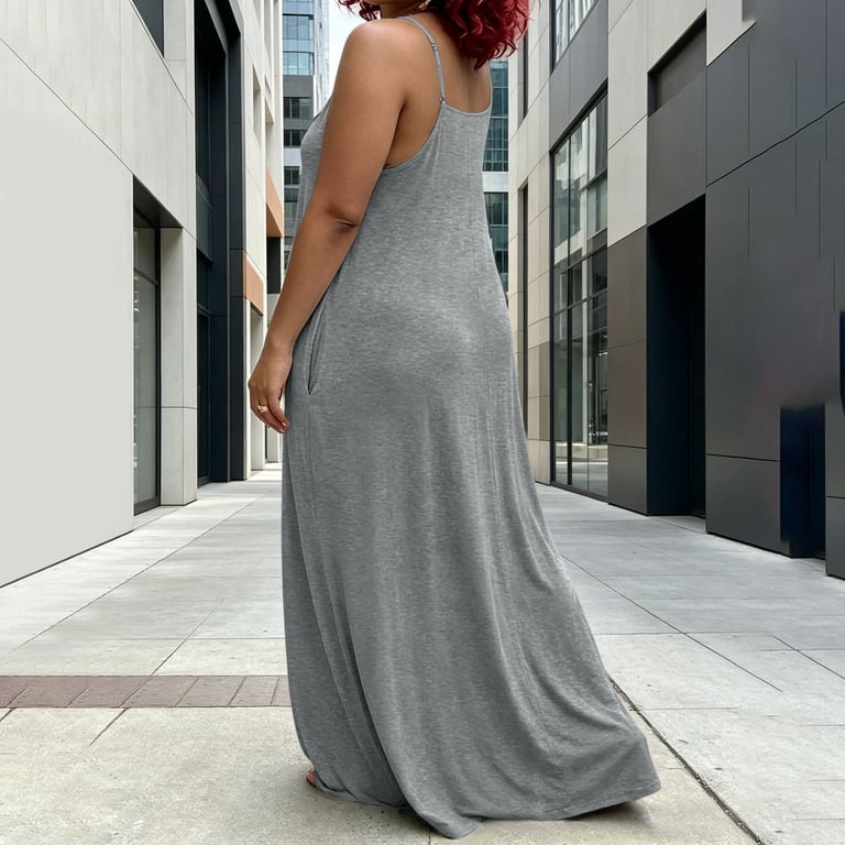 grey dresses for juniors Gray Ladies V Neck Brunch Sleeveless Spaghetti Strap Oversized Plain Long Summer Fall Dresses 2026 Clothes Fashion XL location-67546906840-instock