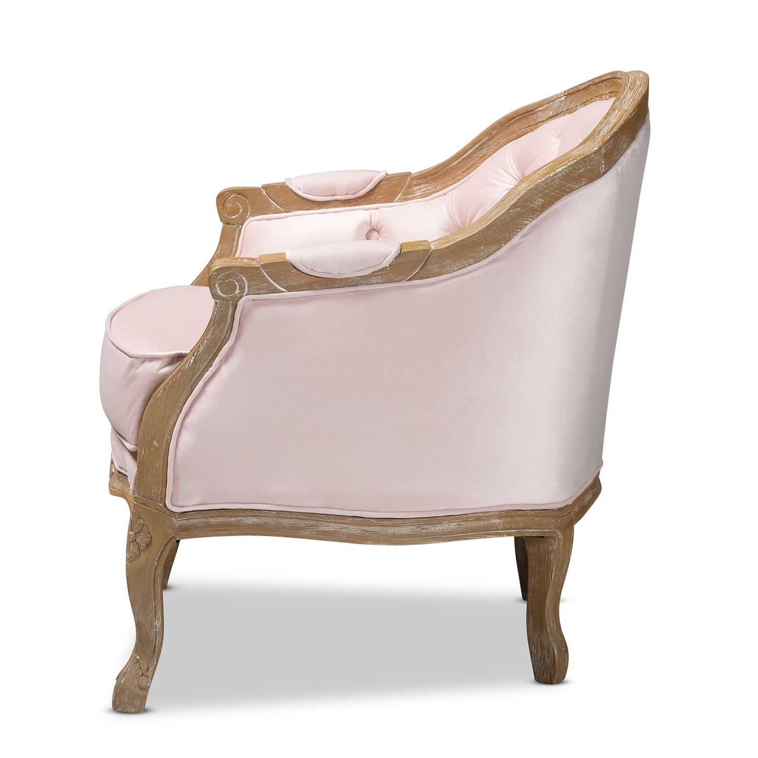 Baxton Studio Genevieve Traditional French Provincial Light Pink Velvet Upholstered White-Washed Oak Wood Armchair