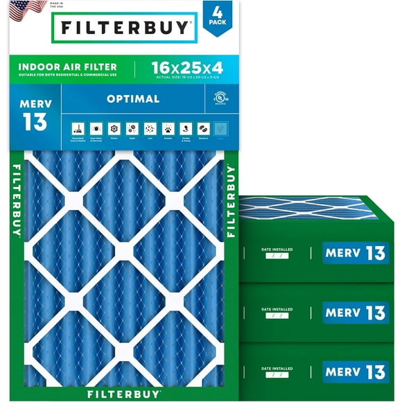Filterbuy 16x25x4 MERV 13 Pleated HVAC AC Furnace Air Filters (4-Pack)