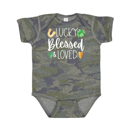 

Inktastic Lucky Blessed and Loved Horseshoe Clover Hearts Gift Baby Boy or Baby Girl Bodysuit