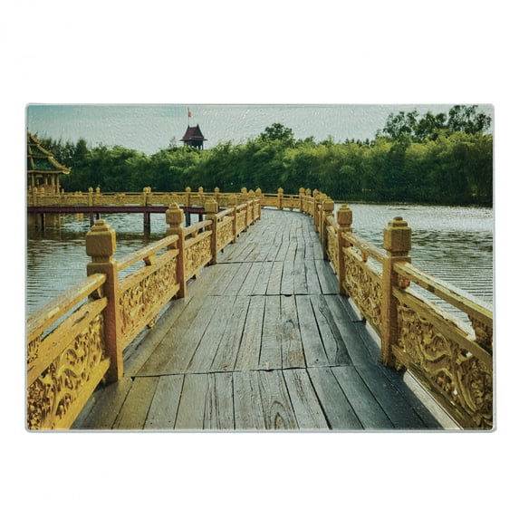 Countryside Cutting Board, Bridge Timber Warm Tone Tourist Attractions River Traveling Waterscape, Decorative Tempered Glass Cutting and Serving Board, in 3 Sizes, by Ambesonne