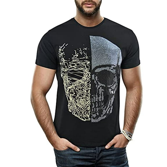 HEADS OR TAILS Men's Rhinestone Graphic T-Shirt, Bling Stone Studded Slim Fit Casual Tee, Half Line Sketch Skull - Black/Silver, Large