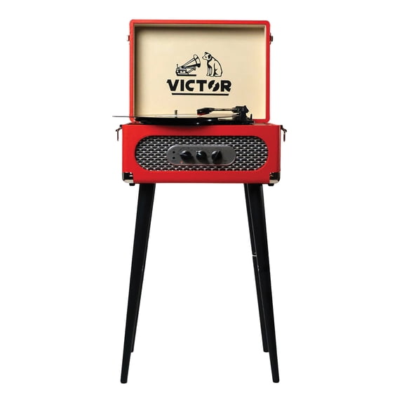 Victor 6-Watt Andover 3-Speed Belt-Drive Manual Suitcase Turntable with Built-in Speakers, Bluetooth In/Out, FM, 45 Adapter, and Legs , Red
