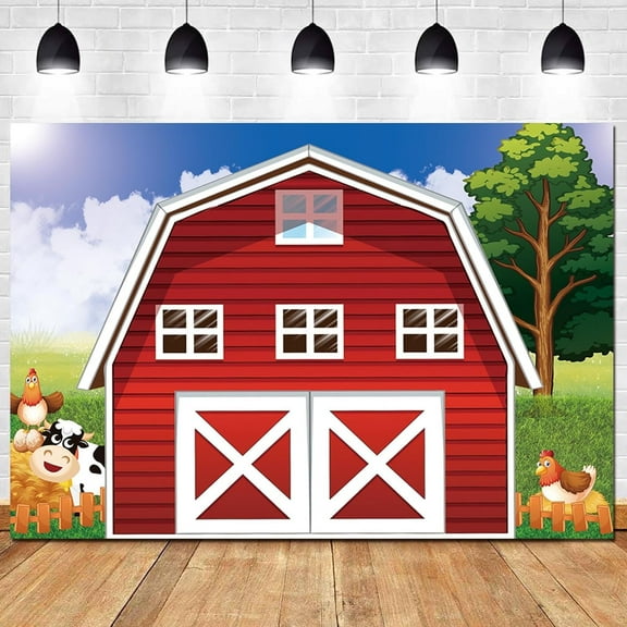 Cartoon Animal Farm Theme Cute Photography Backdrop Animals Red Rustic Farmhouse Photo Background for Baby Shower Newborn Kids Birthday Party Decoration Supplies