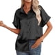 thumbnail image 1 of Blusa de seda satinada para mujer, camisa informal con botones de un solo pecho, manga corta, cuello vuelto, color negro M, 1 of 5