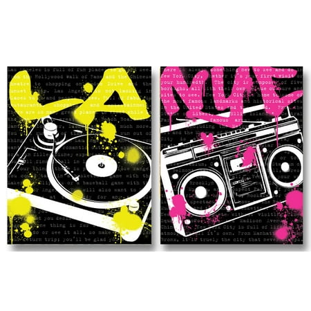 Retro Graffiti Wall Art Style Prints; LAX Turn Table and NYC Boom Box; Two 11X14 Poster (Best Places To See Graffiti In Nyc)