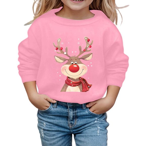 Little Kid Print Girls Long Sleeve Crewneck Sweatshirt Casual Soft Pullover Top For Holiday Season Girl Zip up Youth Girl Hoodies Tops Hoodies for Girls Hoodie Sweater Toddler Size Medi Pink 5-6 Years