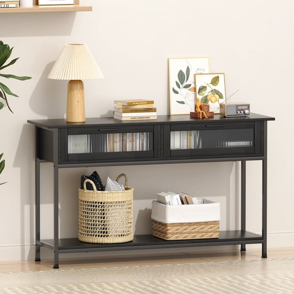 47" Console Table with 2 Drawers, 2 Tier Sofa Table with Storage,Entryway Table, Industrial Console Table for Entryway, Sofa Table Behind Couch for Living Room, Black