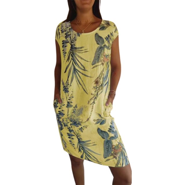 XYMJT Robes Needream, Robe Imprimée en Coton et Lin à Col Rond pour Femmes, avec Poche