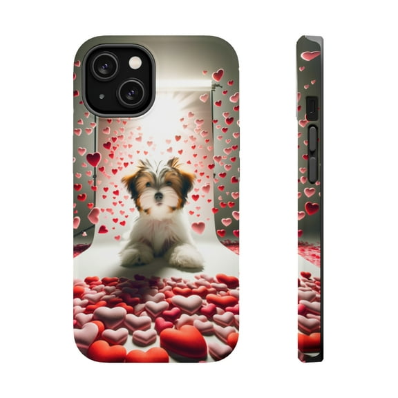DistinctInk Tough Case for Apple iPhone 13 MINI (5.4" Screen), Compatible with MagSafe Charging - Valentine's Day Biewer Terrier Puppy
