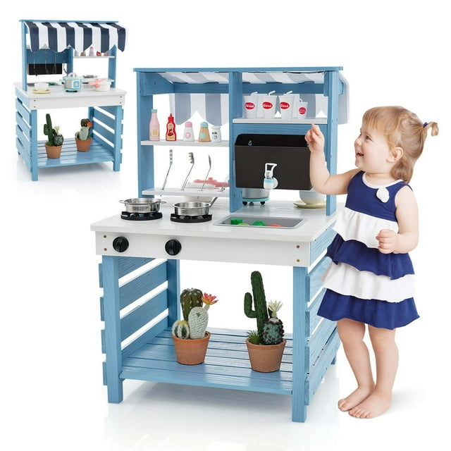 Costway 2-In-1 Wooden Mud Kitchen with Canopy Removable Sink Water Box Faucet Sound Effect