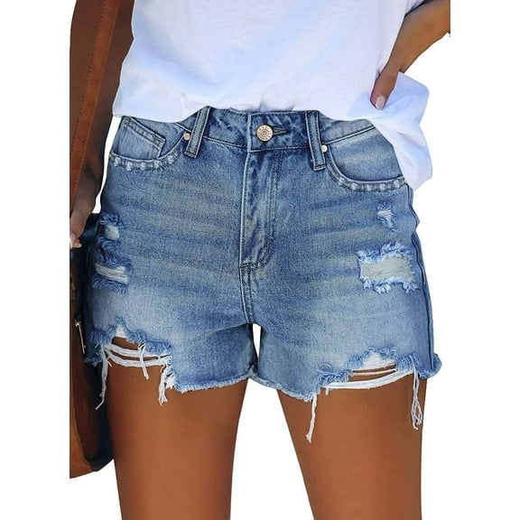 ONLYSHE Blue Women Distressed Denim Shorts Junior Shorts High Waist Zipper L