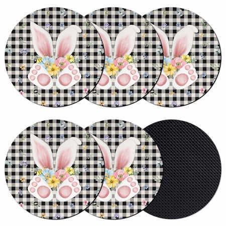 Easter Coasters Set of 6 Absorbent Coasters for Drinks Spring Rabbits Ears Feet Wildflowers Black Plaid Coaster for Desk Coffee Table Protection Home Decor House Warming Gifts 4