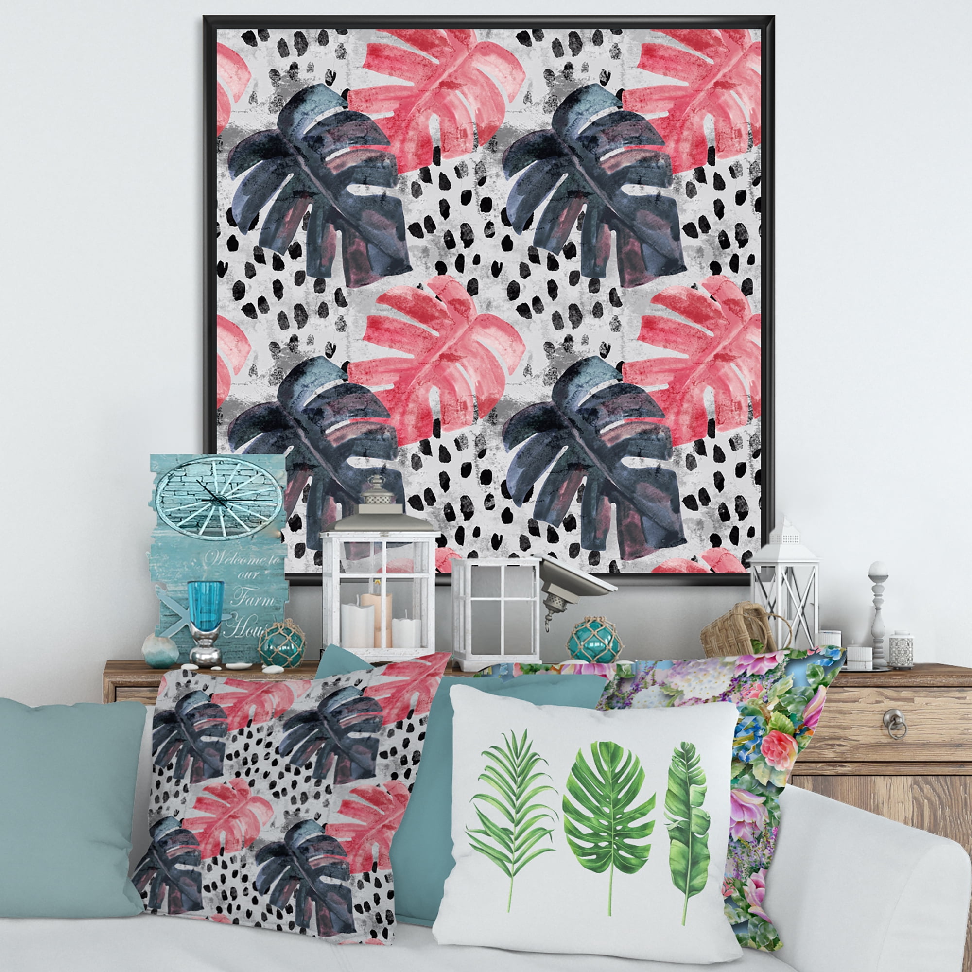 Designart 'Black and Red Monstera On Rough Brush Strokes I' Tropical Framed Canvas Wall Art Print