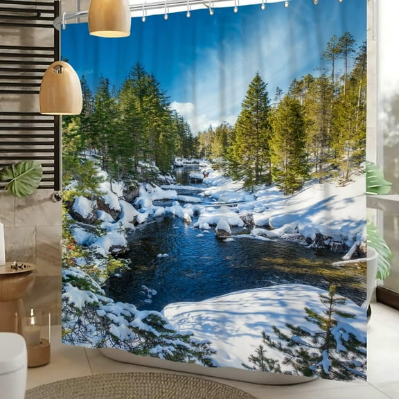 Landscape Scenery Fabric Shower Curtain for Bathroom Pine Trees Forest Winter Sunshine Bathtub Decoration White Snow Blue Sky Creek Waterproof Shower Curtains with Hooks 84x72 inches