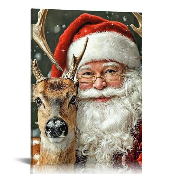 LHONGY  Santa Claus Canvas Wall Art Decor, Large Santa Claus Picture Christmas Poster Wall Art, Santa Claus and Elk 12x16 in