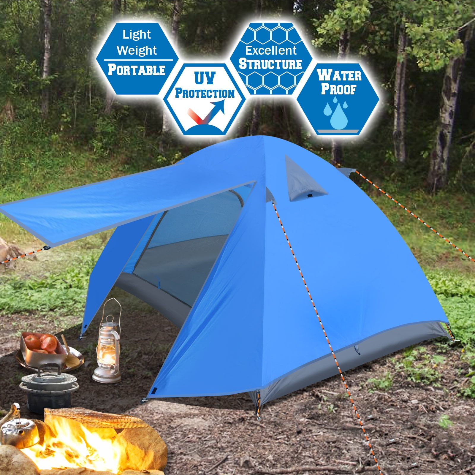 Strong Camel Portable 1-2 Persons Backpacking Tent Double Layer Outdoor Waterproof Camping Hiking-Blue