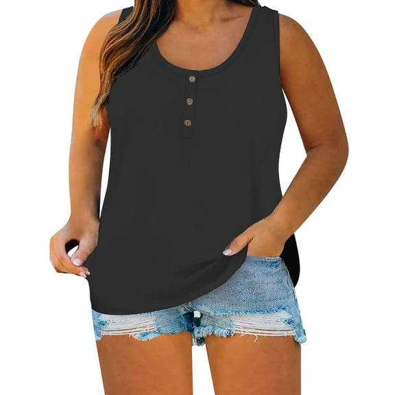 WTXUE Tank Tops Sleeveless, Scoop Neck Summer Women Floral Button Plus Size Tank Loose Vest T Shirts Tunics Tee Solid Casual Tops for Women'S Plus
