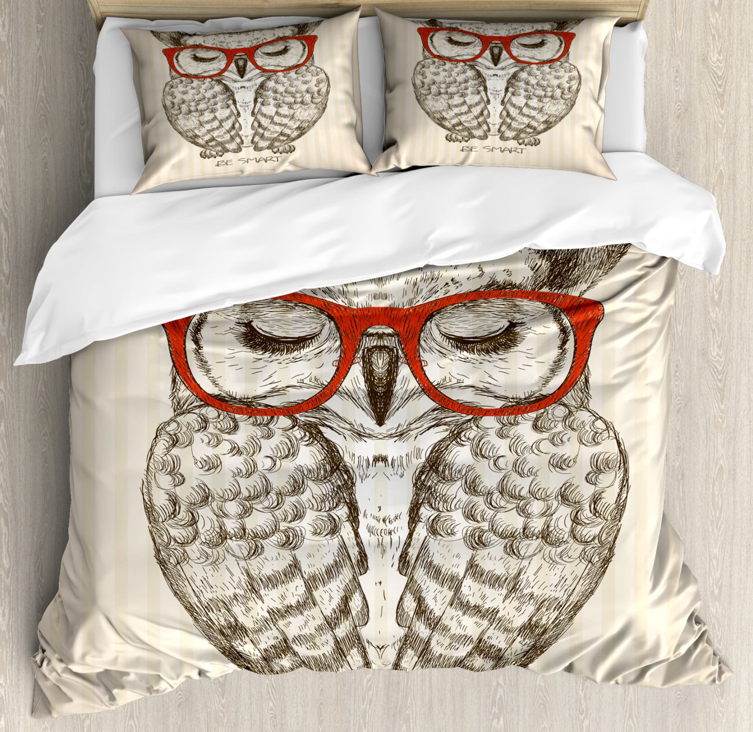 Nerdy Duvet Cover Set King Size, Vintage Sketch Owl with Be Smart