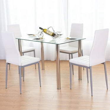UBesGoo 5 Pieces Dining Set Modern Dining Table Set with 4 PU Leather Chairs Kitchen Room Table with Tempered Glass Top