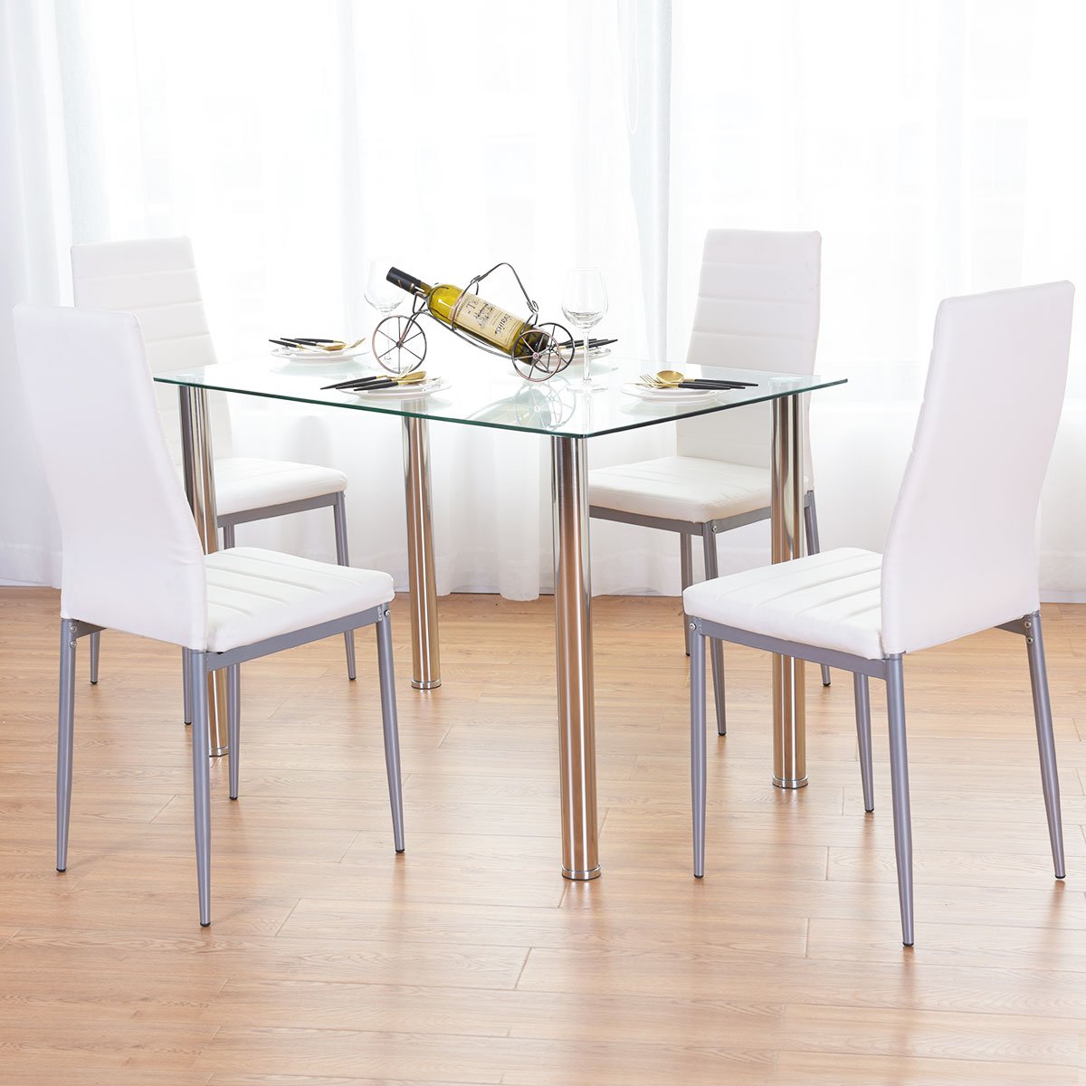 Zimtown 5 Piece Dining Table Set White 4 Chair Glass Metal Kitchen Dining Room Breakfast - image 4 of 9