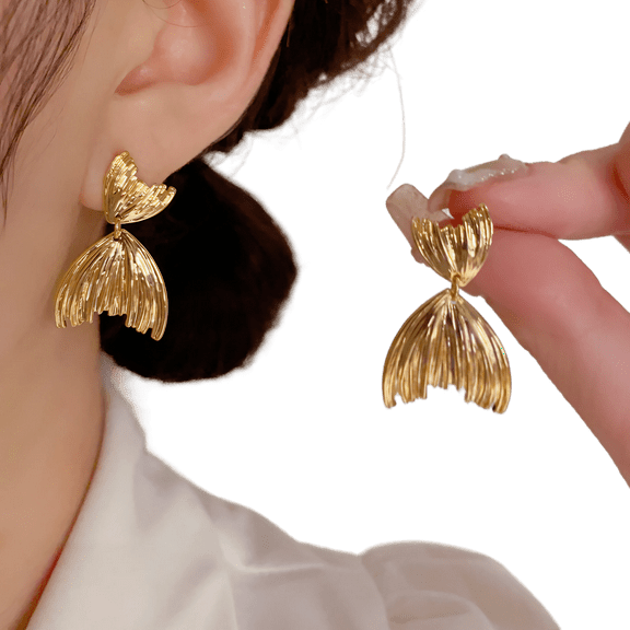 COMESUN 925 Sterling Silver Geometric Fishtail Drop Earrings - Elegant Retro Metal Earrings for Women