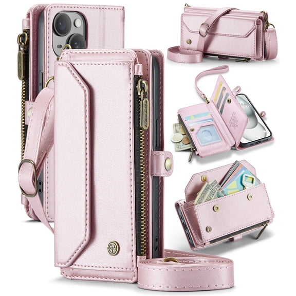 For iPhone 15 Crossbody Wallet Case with Card Slots Zipper Pocket,PU Leather Magnetic Flip Folio Wristlet Shoulder Strap 3-in-1 Crossbody Phone Case Wallet for Women Men,Pink