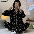 thumbnail image 4 of Conjunto de pijama con estampado de gatos para mujer, ropa de dormir de algodón suave, con cuello vuelto, informal, Kawaii, para otoño y primavera, 4 of 4