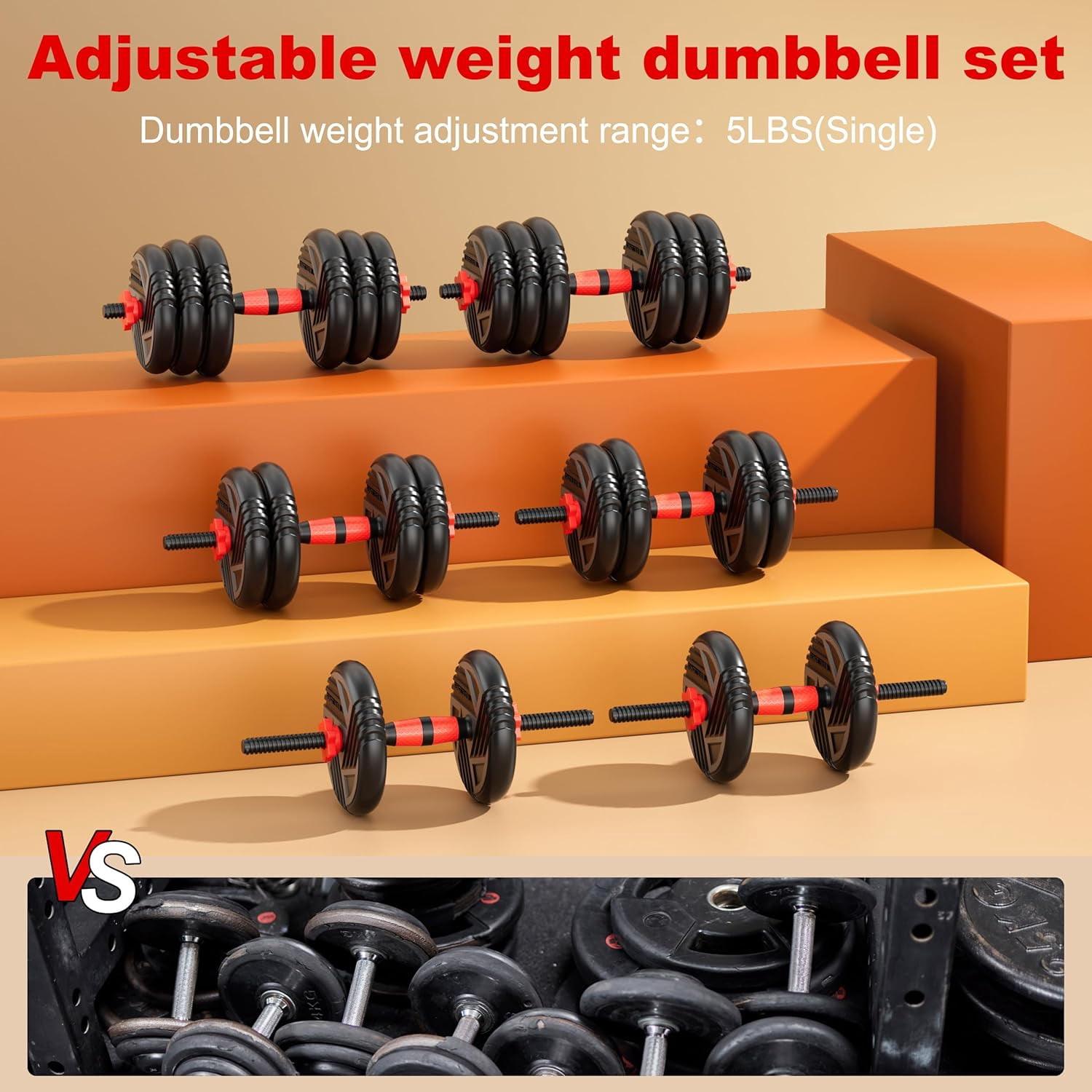 Adjustable Dumbbell Set Converts to Barbell and Kettlebell, 5-in-1 Multi-Function Home Gym Weight Set for Men and Women