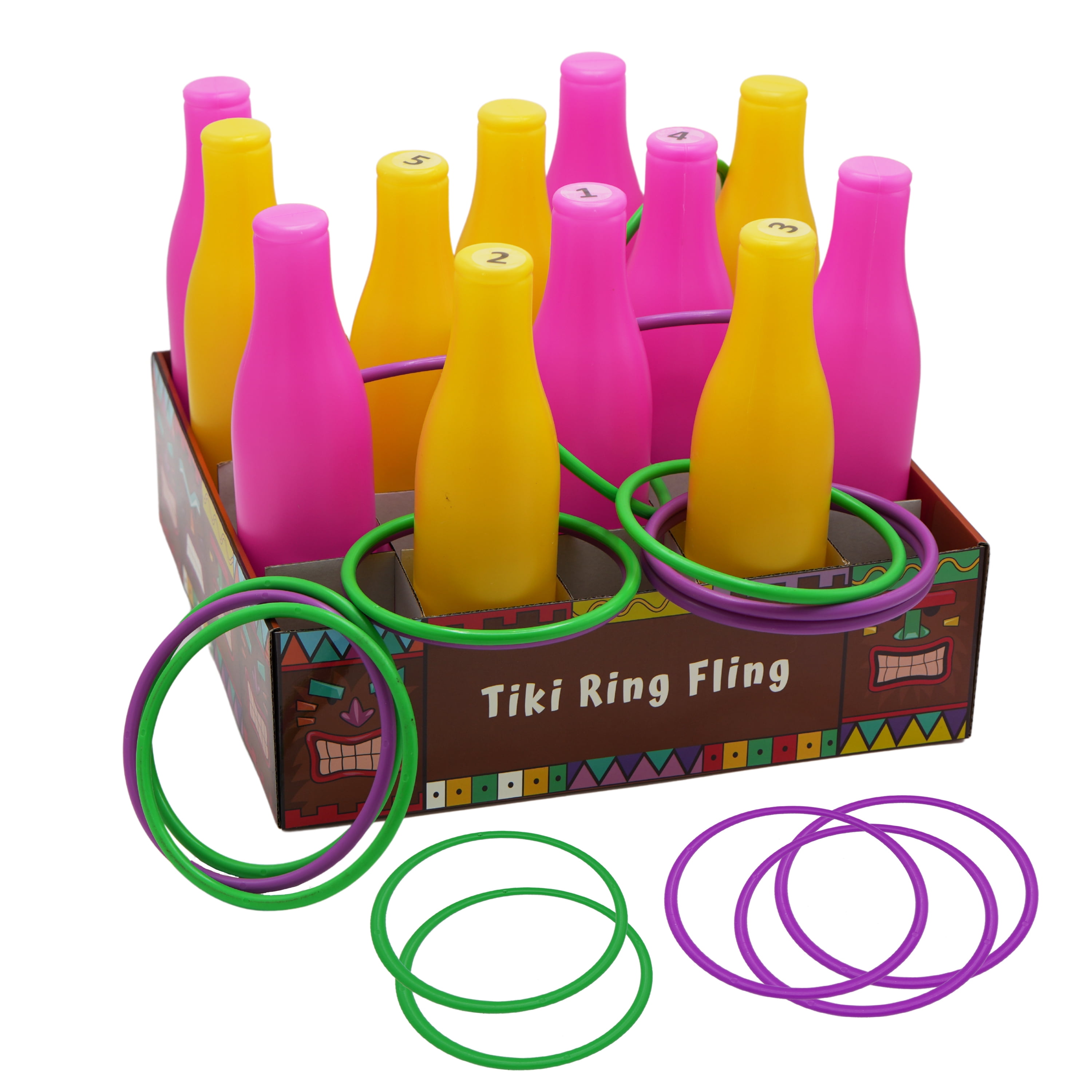 4E's Novelty Tiki Bottle Ring Toss Game Set, 12 Colorful Bottles, Luau Party Games