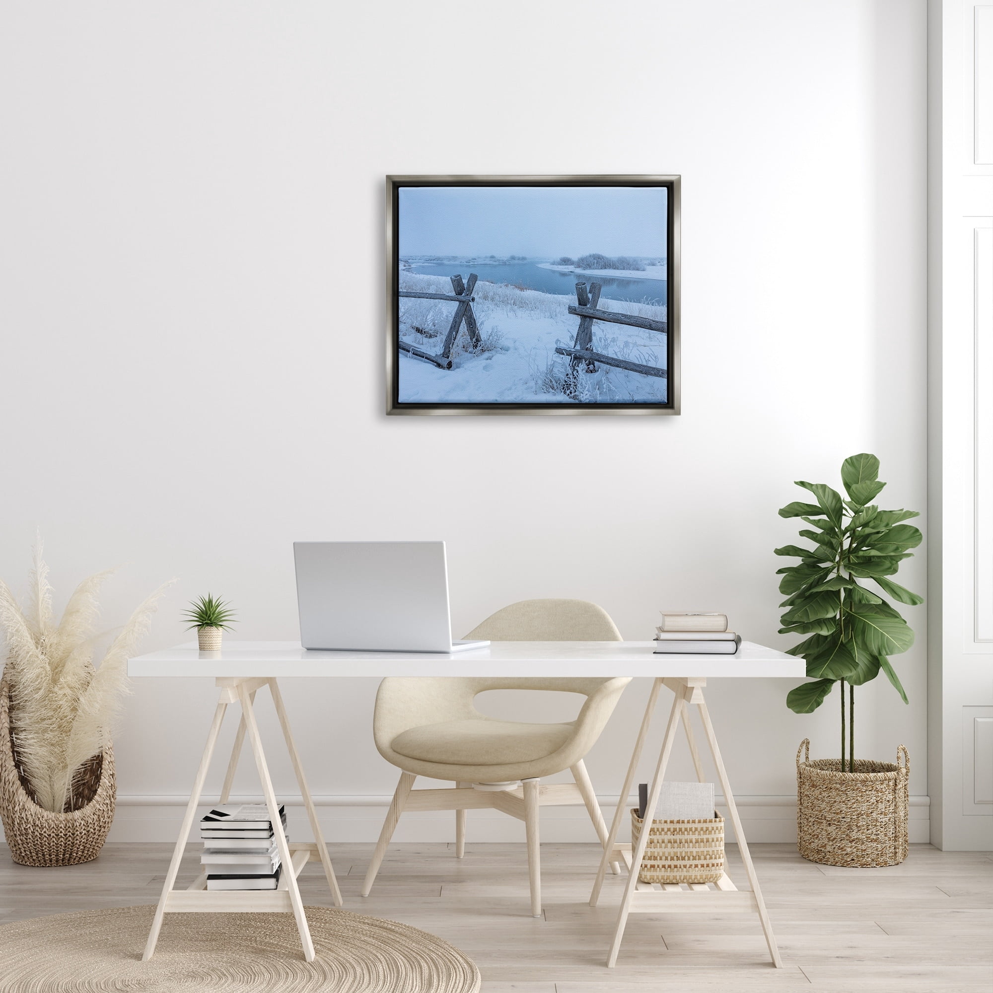 Stupell Industries Snow Covered Fields Country Fences Winter Landscape Photograph Luster Gray Floating Framed Canvas Print Wall Art, Design by Steve Smith