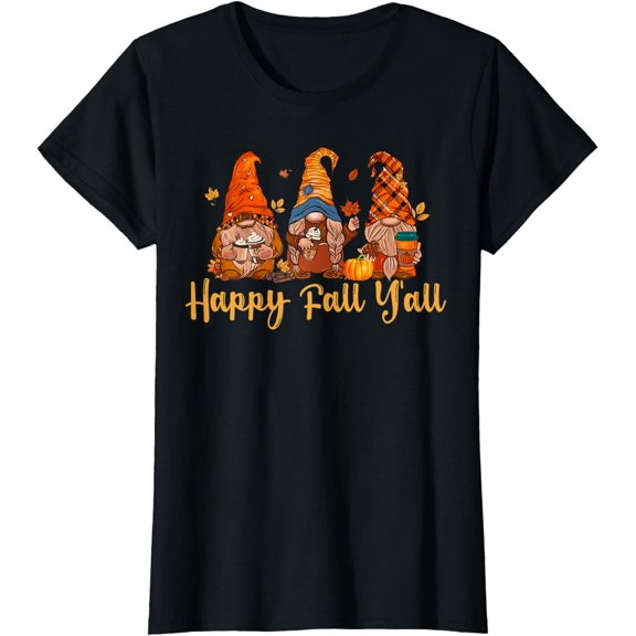 Happy Fall Yall Fall Autumn Gnomes Pumpskin Spice Womens T-Shirt
