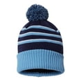 thumbnail image 5 of Stripe Pom Pom Cuff Acrylic Knit Beanie, Classic White/ Navy/ Columbia Blue, One Size, 5 of 6
