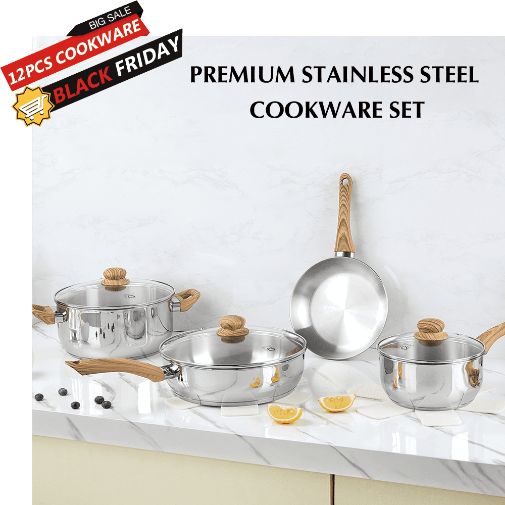 Koch Systeme CS 12 Piece Tri-Ply Stainless Steel Cookware Set, Pots and Pans Set with Cool-Touch Bakelite Handles, Induction Compatible
