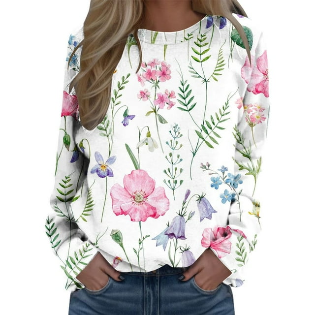 Tops For Womens Print O Neck Sweatshirt Neck Fit Pullover Tops Comfortable Long Sleeve Workout Shirts Loose Blouse