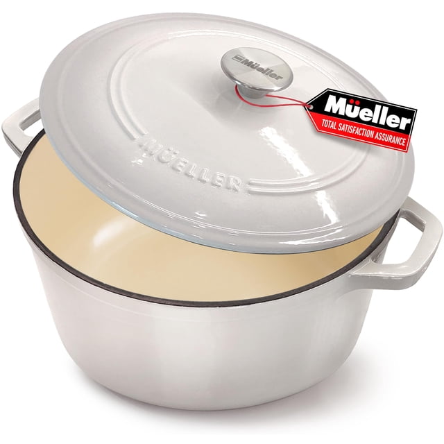 MÜELLERHOME Horno holandés de hierro fundido esmaltado de 7.5 cuartos, cacerola resistente y sartén para estofado con tapa y perilla de acero inoxidable, apto para horno hasta 500 °F y en todas las es