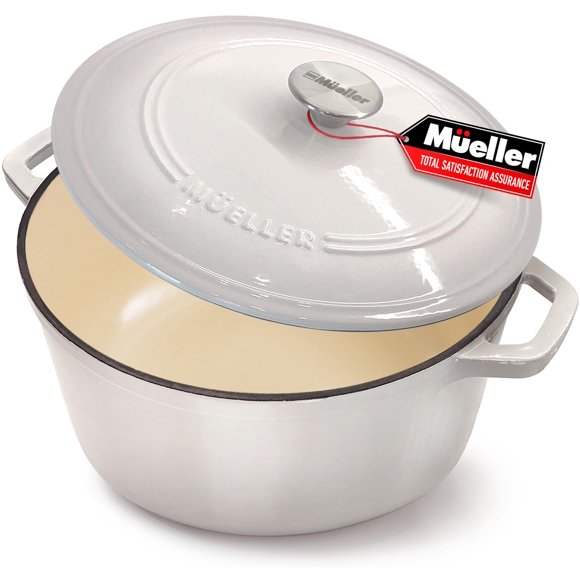 MÜELLERHOME Horno holandés de hierro fundido esmaltado de 7.5 cuartos, cacerola resistente y sartén para estofado con tapa y perilla de acero inoxidable, apto para horno hasta 500 °F y en todas las es