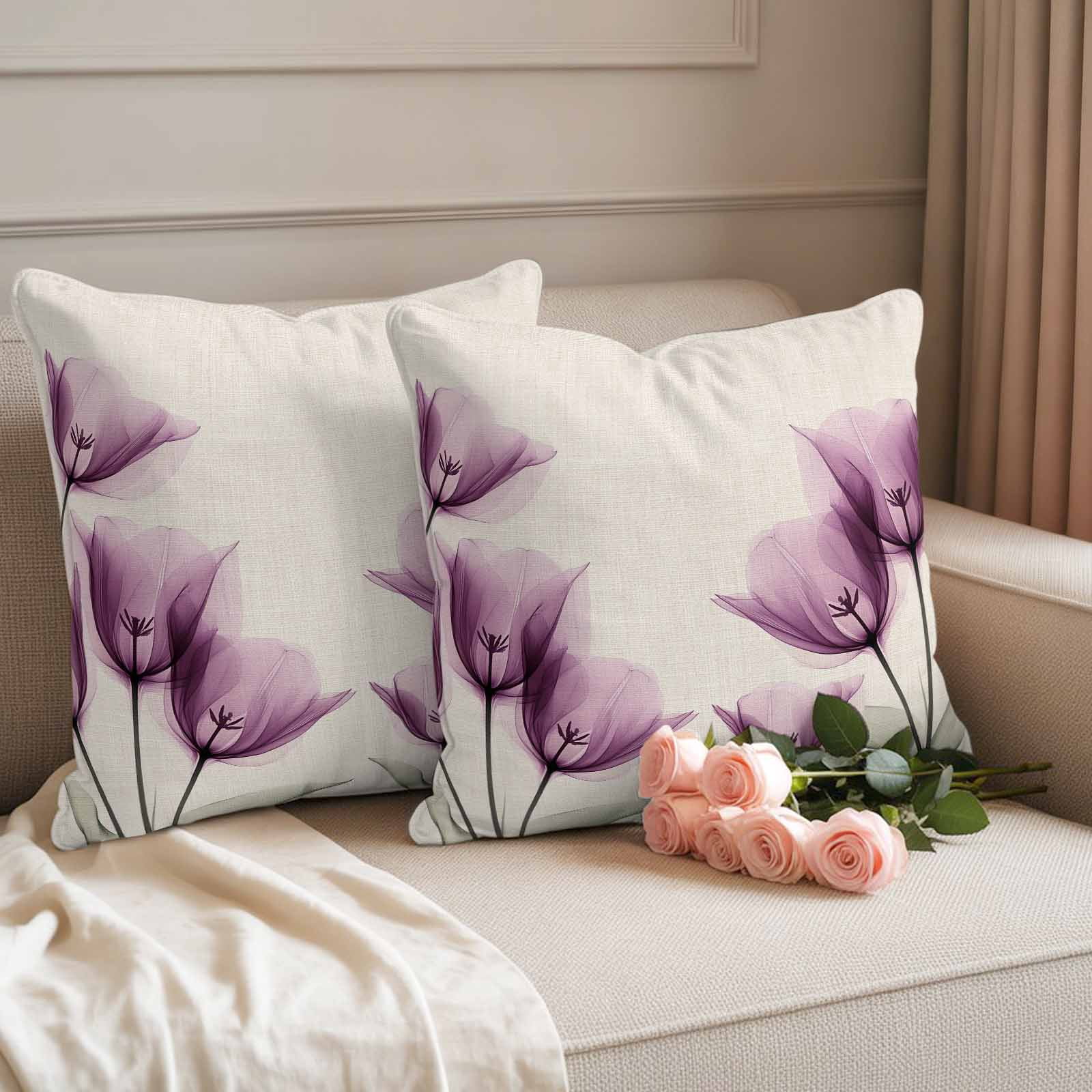 Spring Floral Pillow Covers 2 Pack Watercolor Flowers Purple Tulip Linen Texture Pillowcase Waterproof Outdoor Throw Pillow Cover for Patio Garden Square Cushion 24”x24”