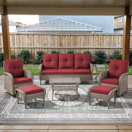 Opohoro 7-Piece Outdoor Conversation Set with Swivel Rocking Chairs Patio Sofa and Ottomans Coffee & Side Tables Gray/Red