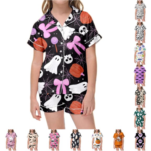 Halloween Pjs Kids 2 Piece Soft Satin Silky Pajamas Set Button Down Short Sleeve Nightwear Loungewear